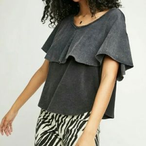 Free People Girl Talk Ruffle Top Tee - Gray - Large